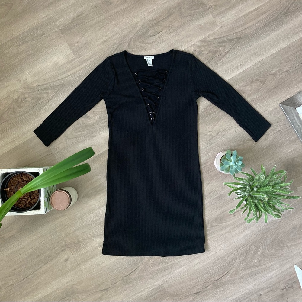 f21 | ribbed cotton deep v black long sleeve mini dress | size s